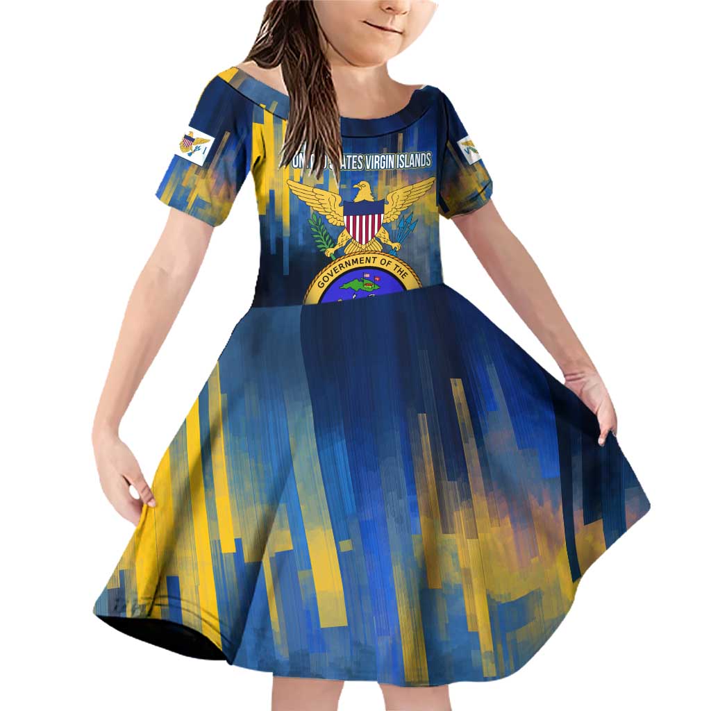 United States Virgin Islands Family Matching Off Shoulder Short Dress and Hawaiian Shirt with Blue Yellow Government Seal Design and Bald Eagle - Wonder Print Shop