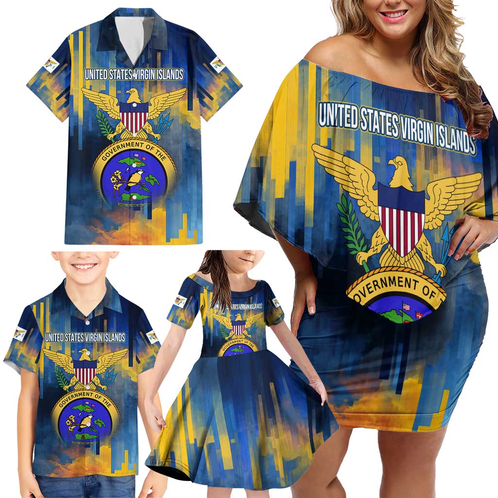 United States Virgin Islands Family Matching Off Shoulder Short Dress and Hawaiian Shirt with Blue Yellow Government Seal Design and Bald Eagle - Wonder Print Shop