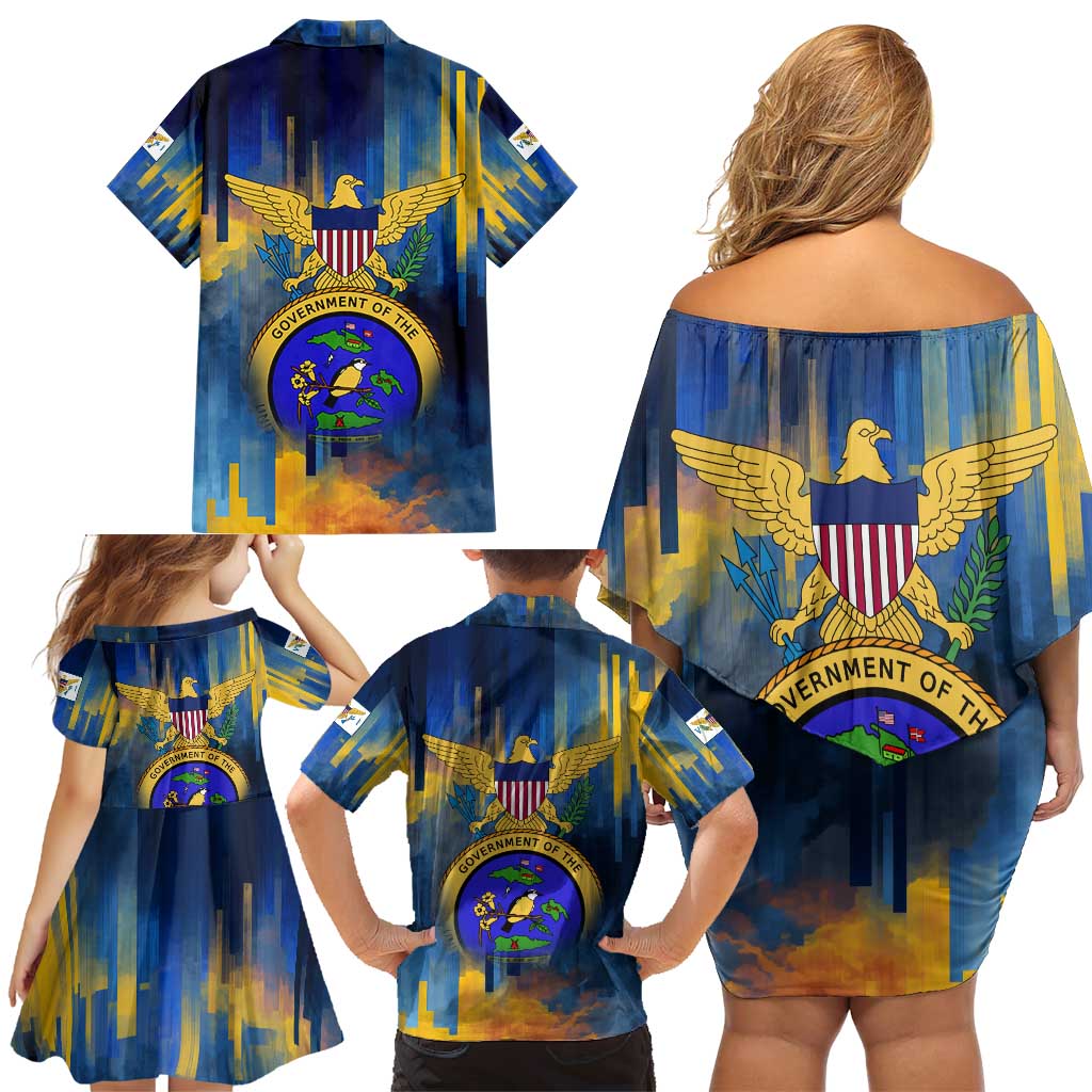 United States Virgin Islands Family Matching Off Shoulder Short Dress and Hawaiian Shirt with Blue Yellow Government Seal Design and Bald Eagle - Wonder Print Shop