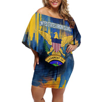 United States Virgin Islands Family Matching Off Shoulder Short Dress and Hawaiian Shirt with Blue Yellow Government Seal Design and Bald Eagle - Wonder Print Shop