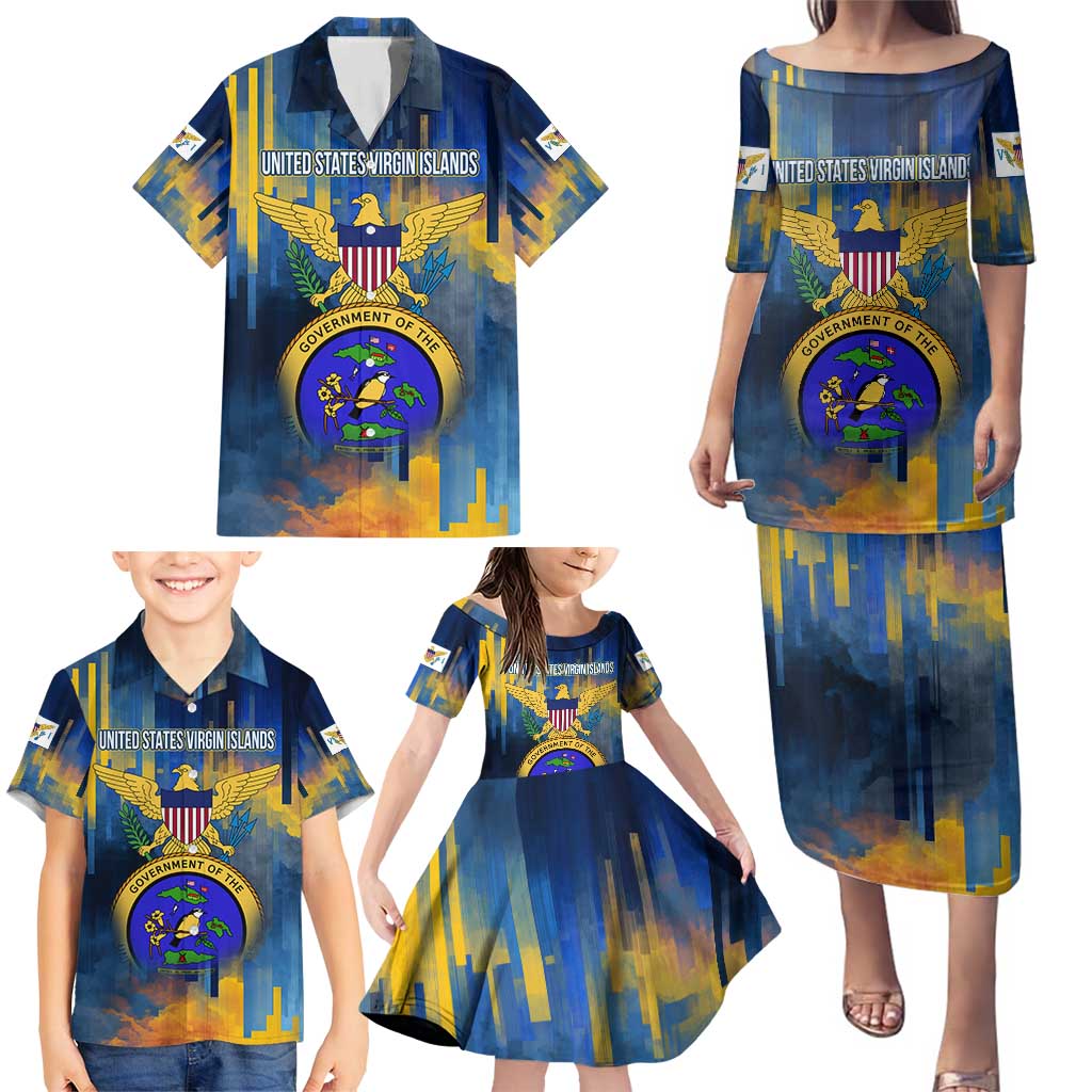 United States Virgin Islands Family Matching Puletasi and Hawaiian Shirt with Blue Yellow Government Seal Design and Bald Eagle - Wonder Print Shop