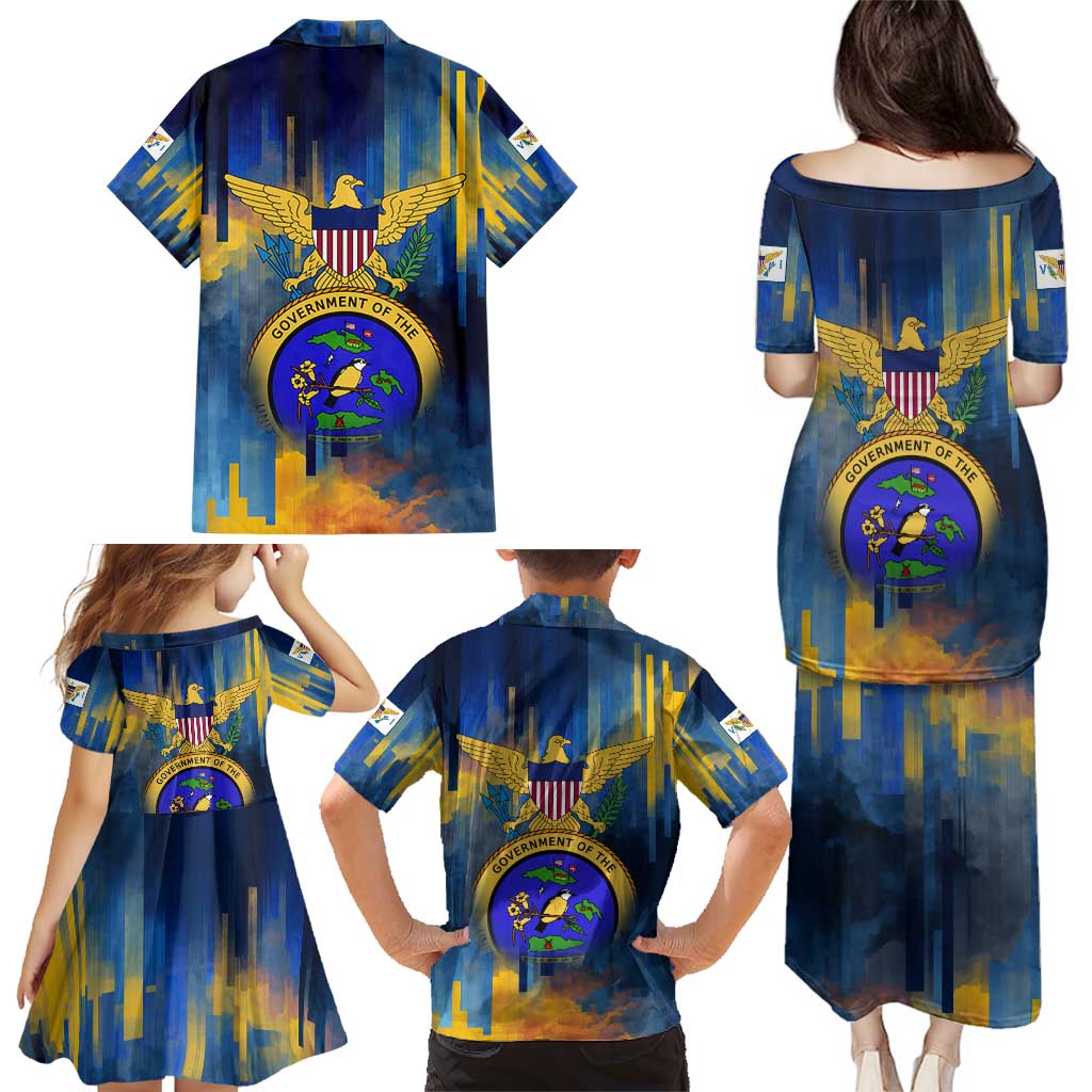 United States Virgin Islands Family Matching Puletasi and Hawaiian Shirt with Blue Yellow Government Seal Design and Bald Eagle - Wonder Print Shop