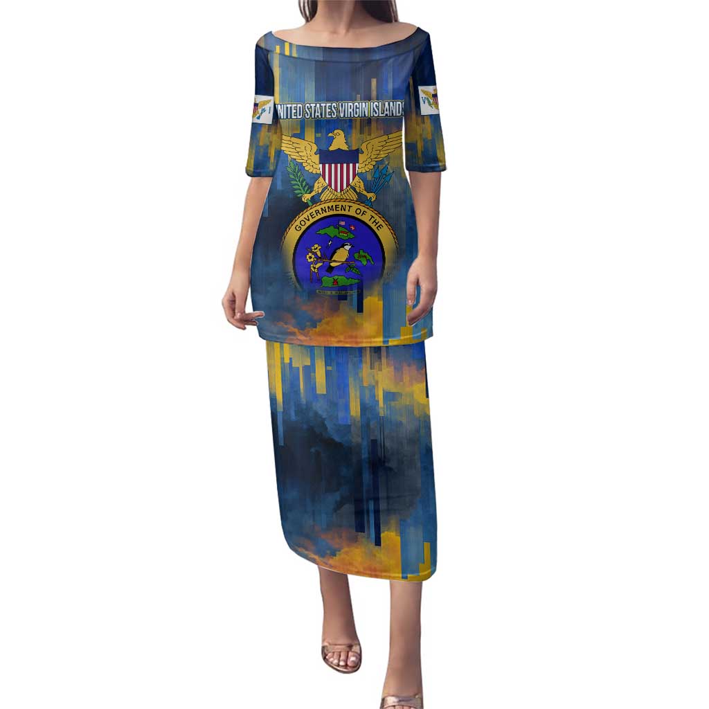 United States Virgin Islands Family Matching Puletasi and Hawaiian Shirt with Blue Yellow Government Seal Design and Bald Eagle - Wonder Print Shop