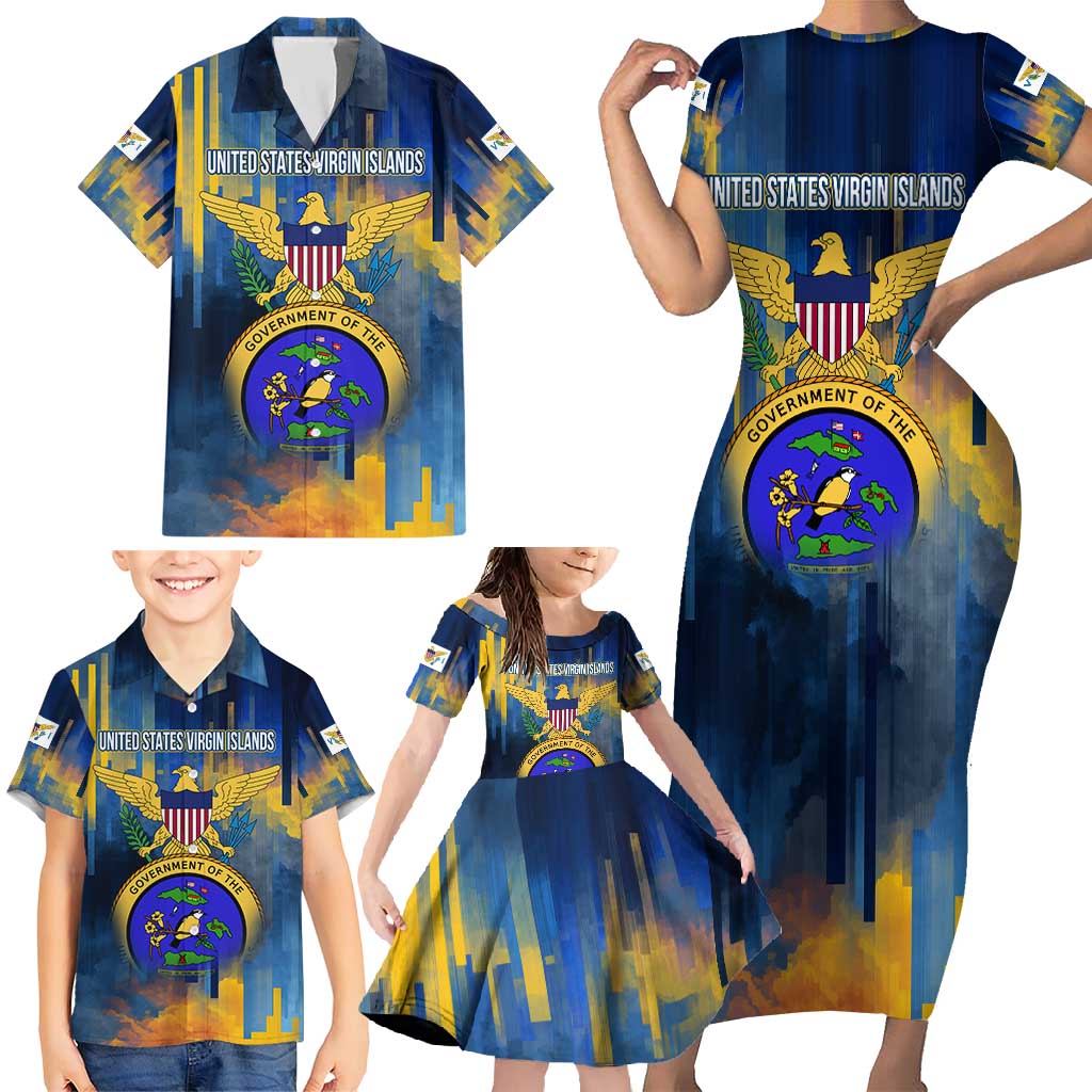 United States Virgin Islands Family Matching Short Sleeve Bodycon Dress and Hawaiian Shirt with Blue Yellow Government Seal Design and Bald Eagle - Wonder Print Shop