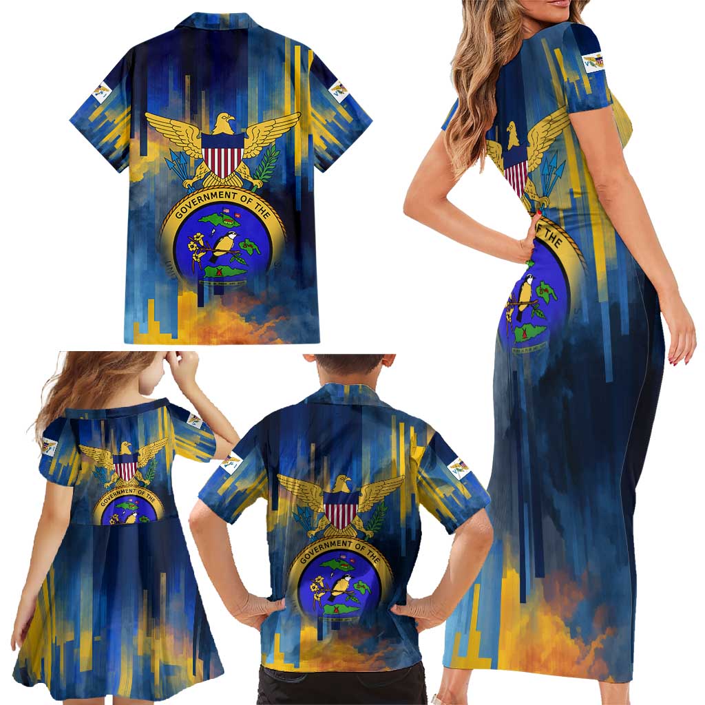 United States Virgin Islands Family Matching Short Sleeve Bodycon Dress and Hawaiian Shirt with Blue Yellow Government Seal Design and Bald Eagle - Wonder Print Shop