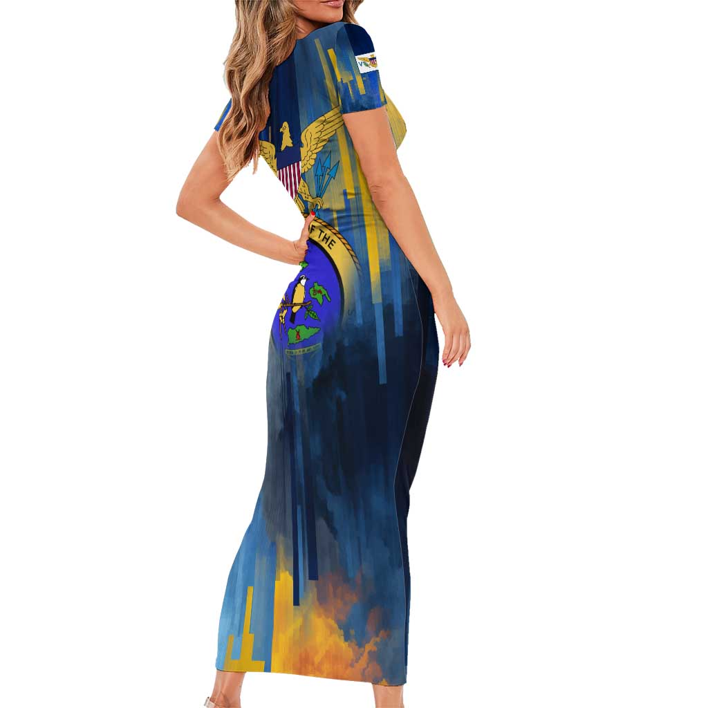 United States Virgin Islands Family Matching Short Sleeve Bodycon Dress and Hawaiian Shirt with Blue Yellow Government Seal Design and Bald Eagle - Wonder Print Shop