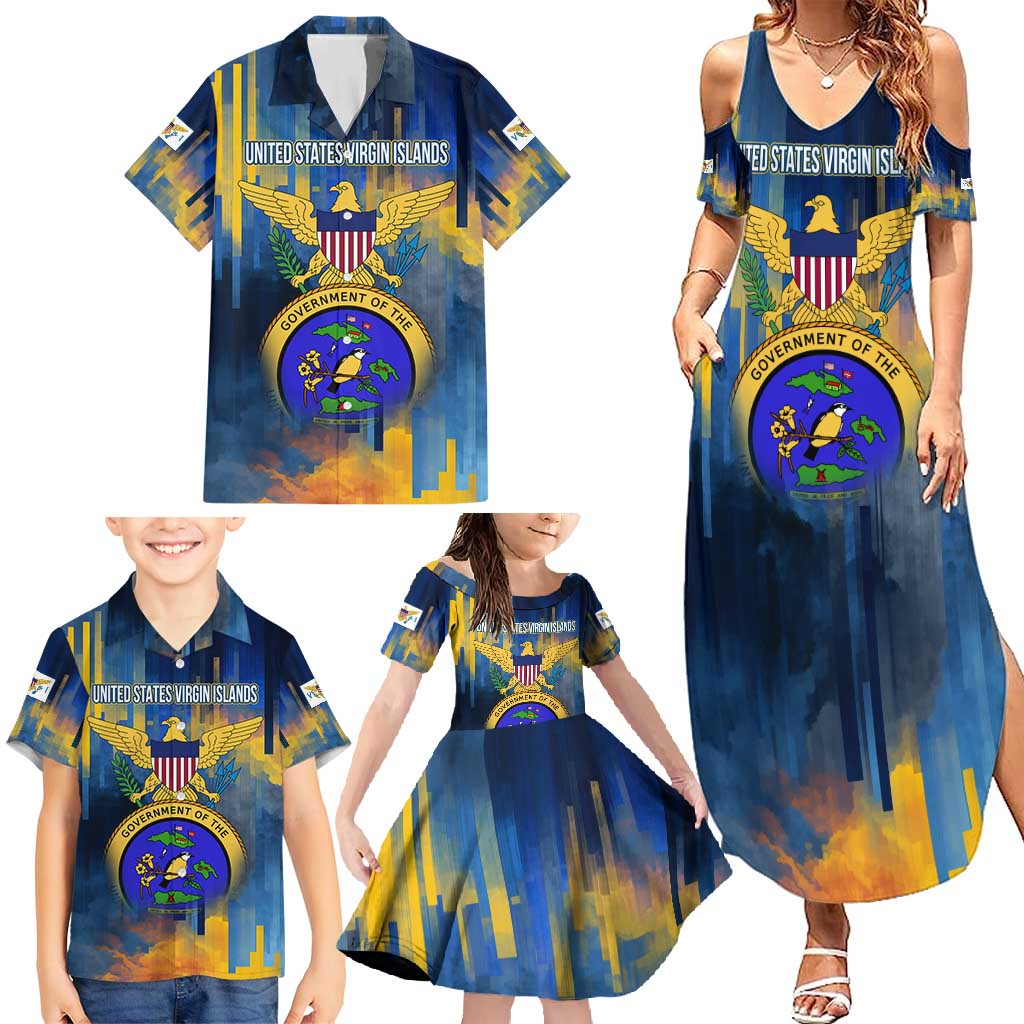 United States Virgin Islands Family Matching Summer Maxi Dress and Hawaiian Shirt with Blue Yellow Government Seal Design and Bald Eagle - Wonder Print Shop