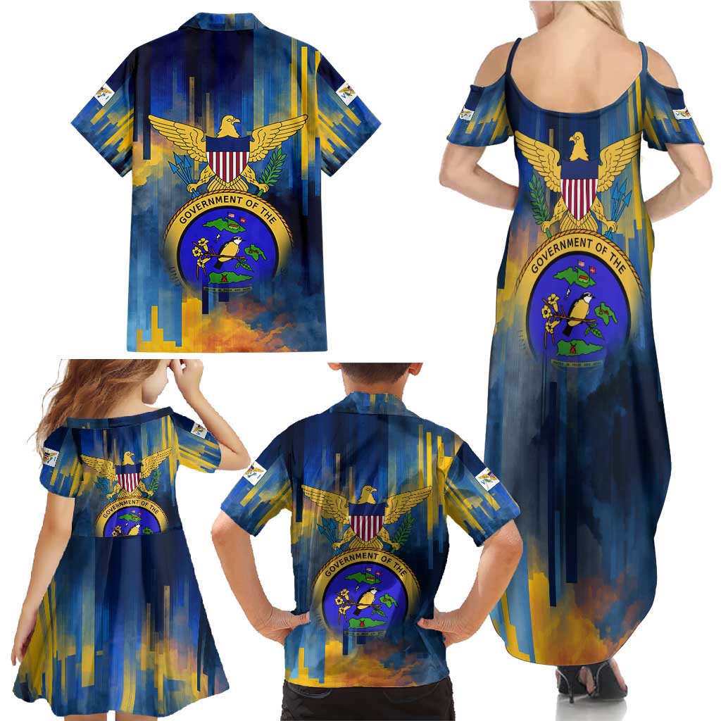 United States Virgin Islands Family Matching Summer Maxi Dress and Hawaiian Shirt with Blue Yellow Government Seal Design and Bald Eagle - Wonder Print Shop