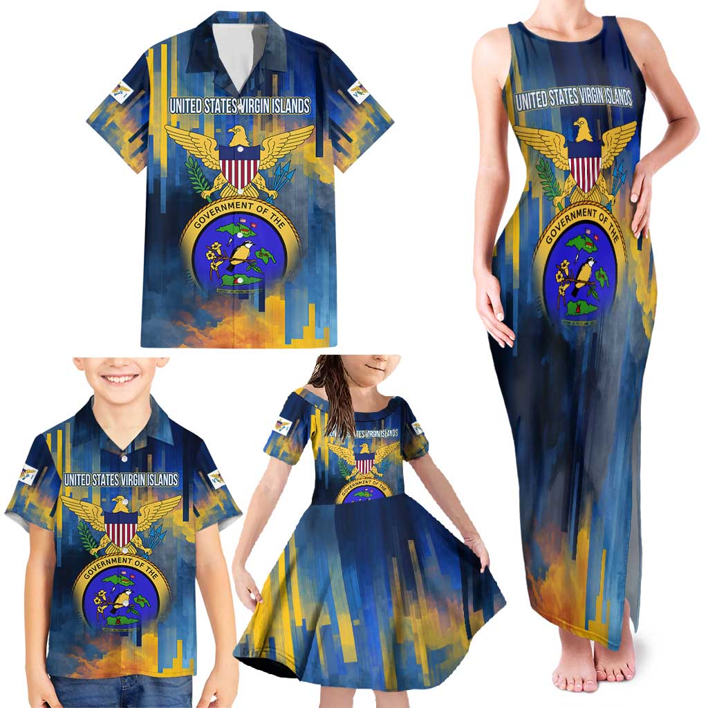 United States Virgin Islands Family Matching Tank Maxi Dress and Hawaiian Shirt with Blue Yellow Government Seal Design and Bald Eagle - Wonder Print Shop