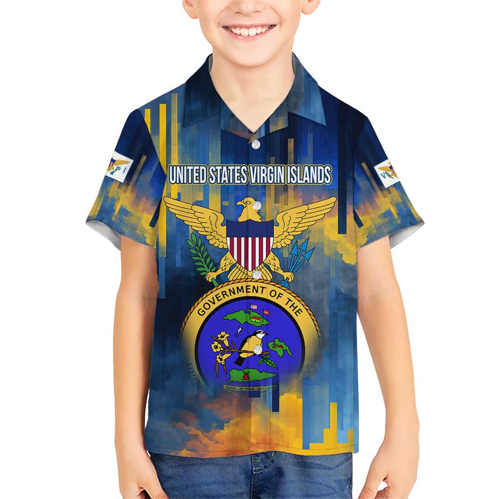 United States Virgin Islands Kid Hawaiian Shirt with Blue Yellow Government Seal Design and Bald Eagle - Wonder Print Shop
