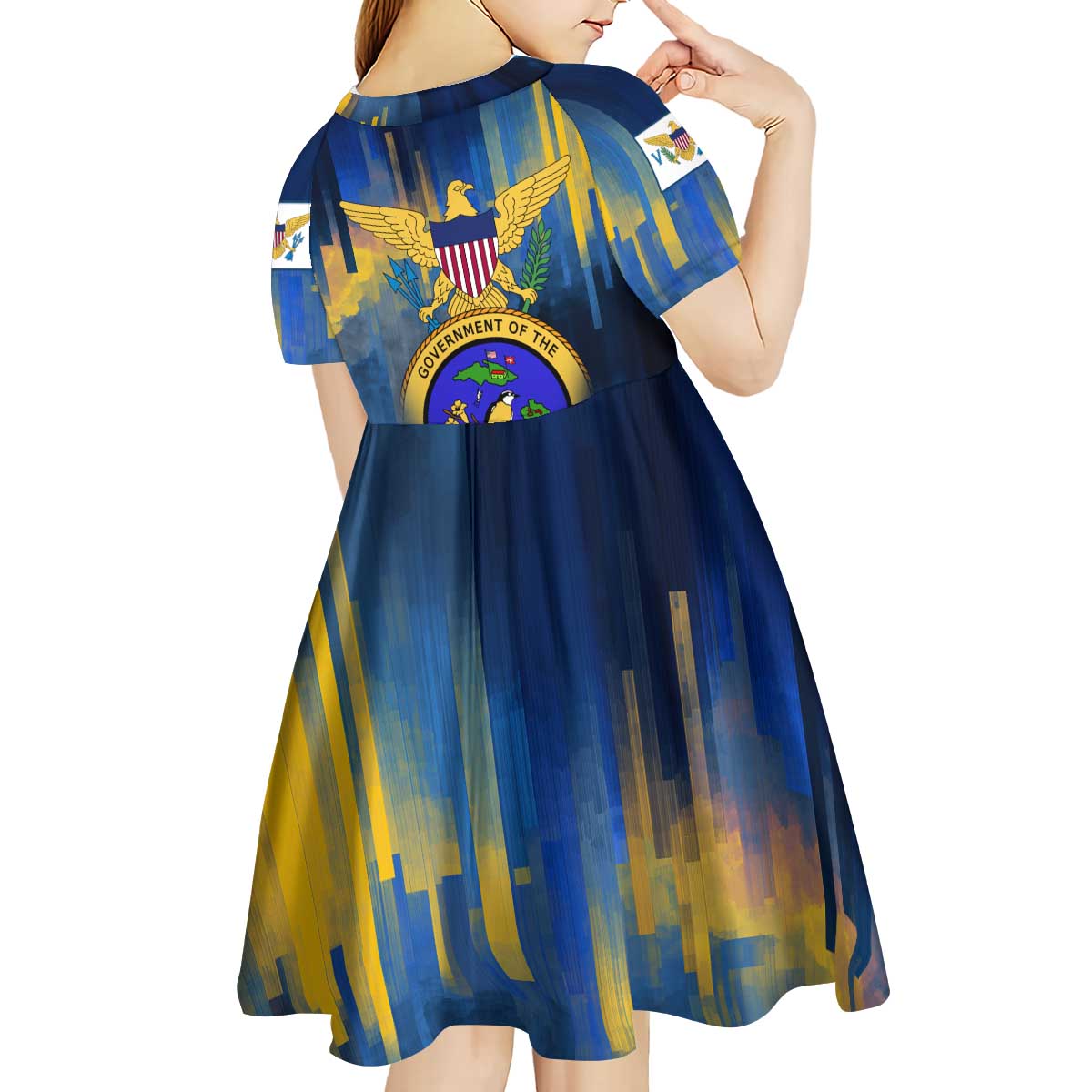United States Virgin Islands Kid Short Sleeve Dress with Blue Yellow Government Seal Design and Bald Eagle - Wonder Print Shop