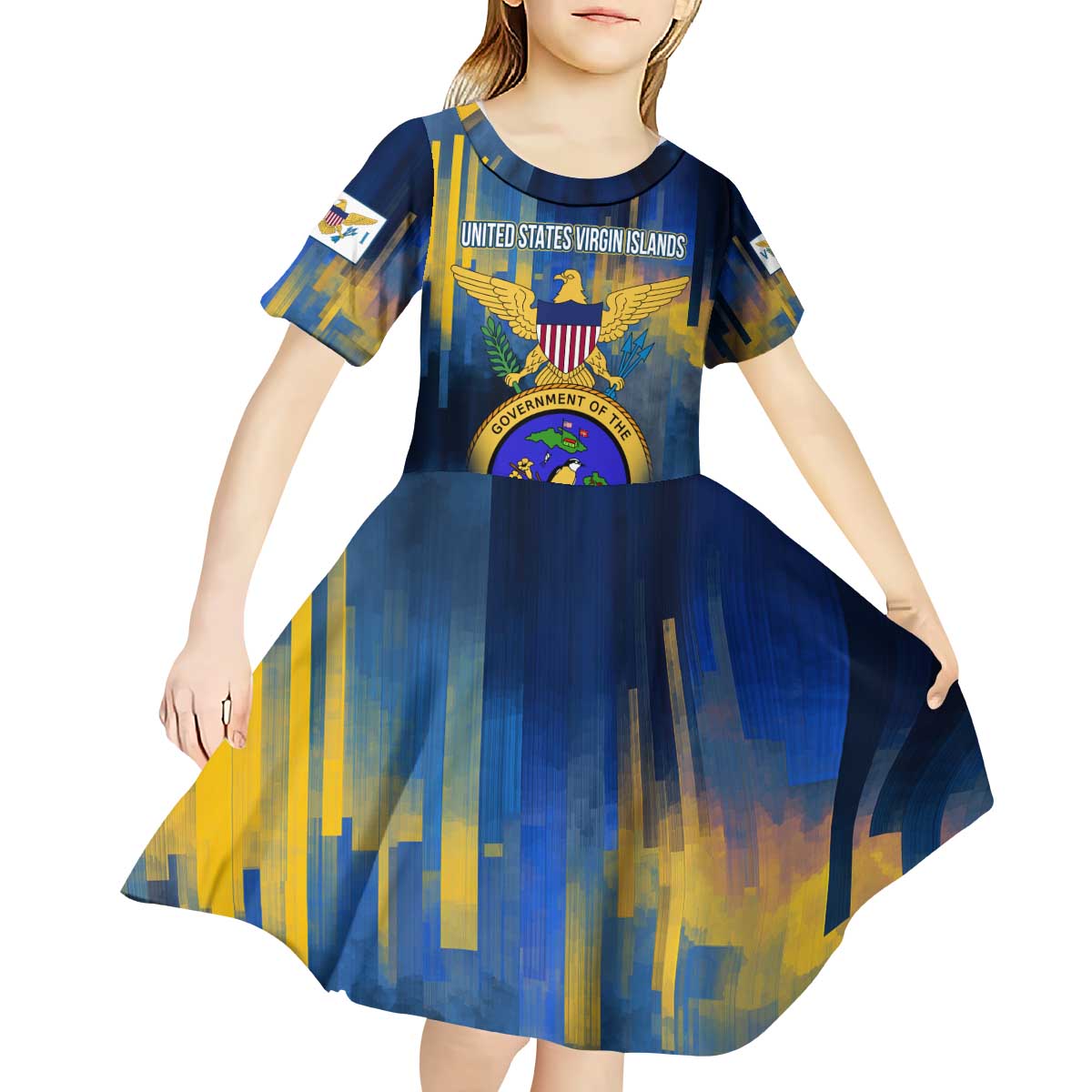 United States Virgin Islands Kid Short Sleeve Dress with Blue Yellow Government Seal Design and Bald Eagle - Wonder Print Shop