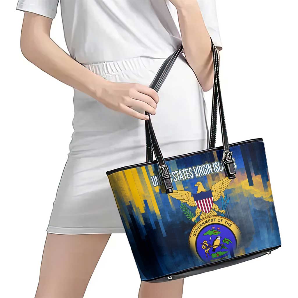 United States Virgin Islands Leather Tote Bag with Blue Yellow Government Seal Design and Bald Eagle - Wonder Print Shop
