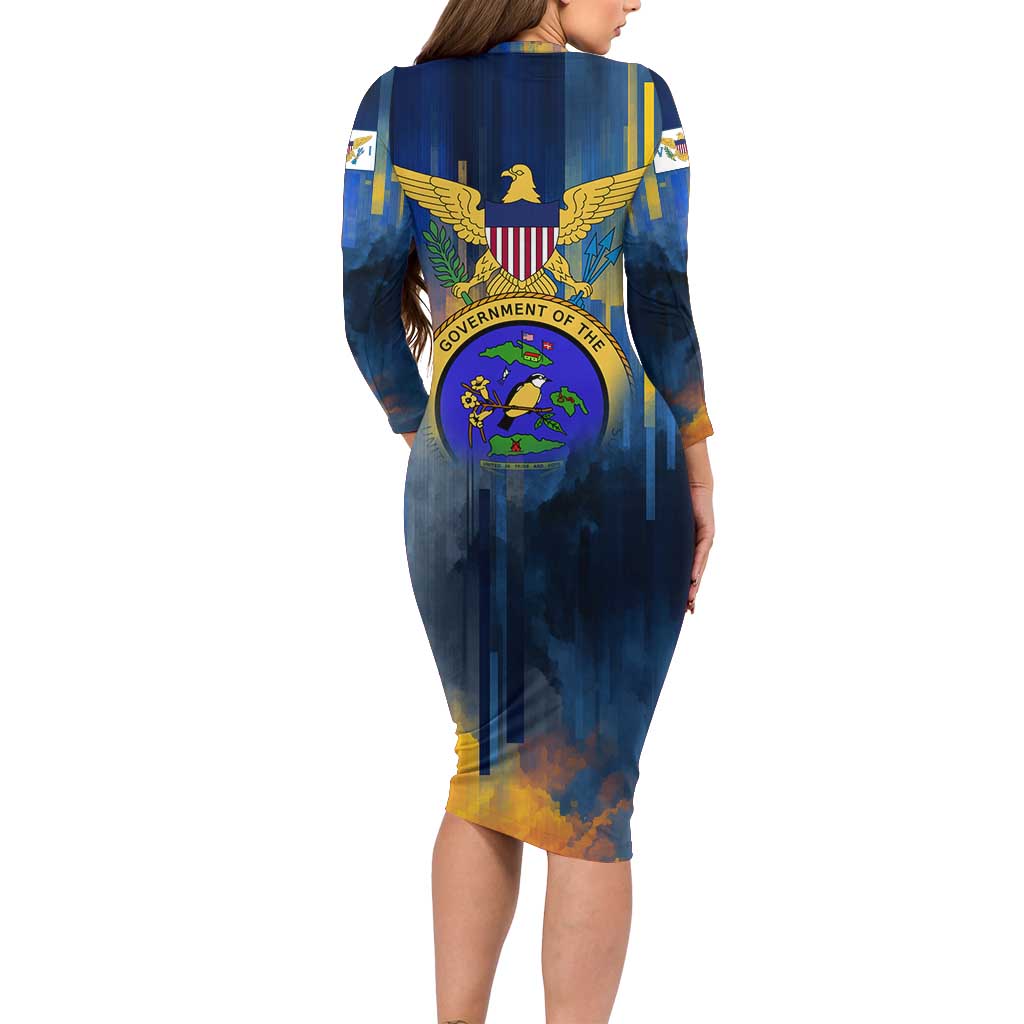 United States Virgin Islands Long Sleeve Bodycon Dress with Blue Yellow Government Seal Design and Bald Eagle - Wonder Print Shop