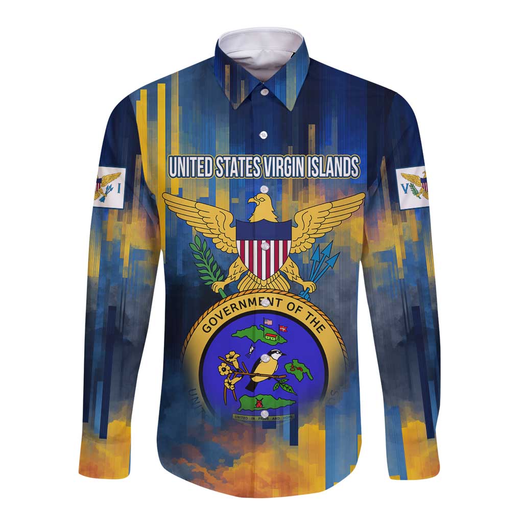 United States Virgin Islands Long Sleeve Button Shirt with Blue Yellow Government Seal Design and Bald Eagle - Wonder Print Shop