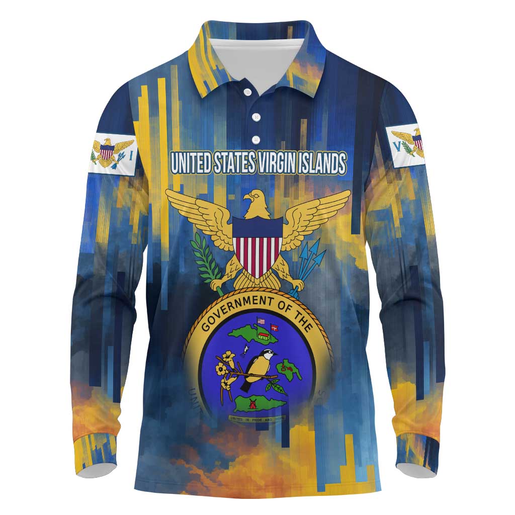 United States Virgin Islands Long Sleeve Polo Shirt with Blue Yellow Government Seal Design and Bald Eagle - Wonder Print Shop