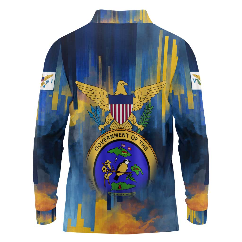 United States Virgin Islands Long Sleeve Polo Shirt with Blue Yellow Government Seal Design and Bald Eagle - Wonder Print Shop