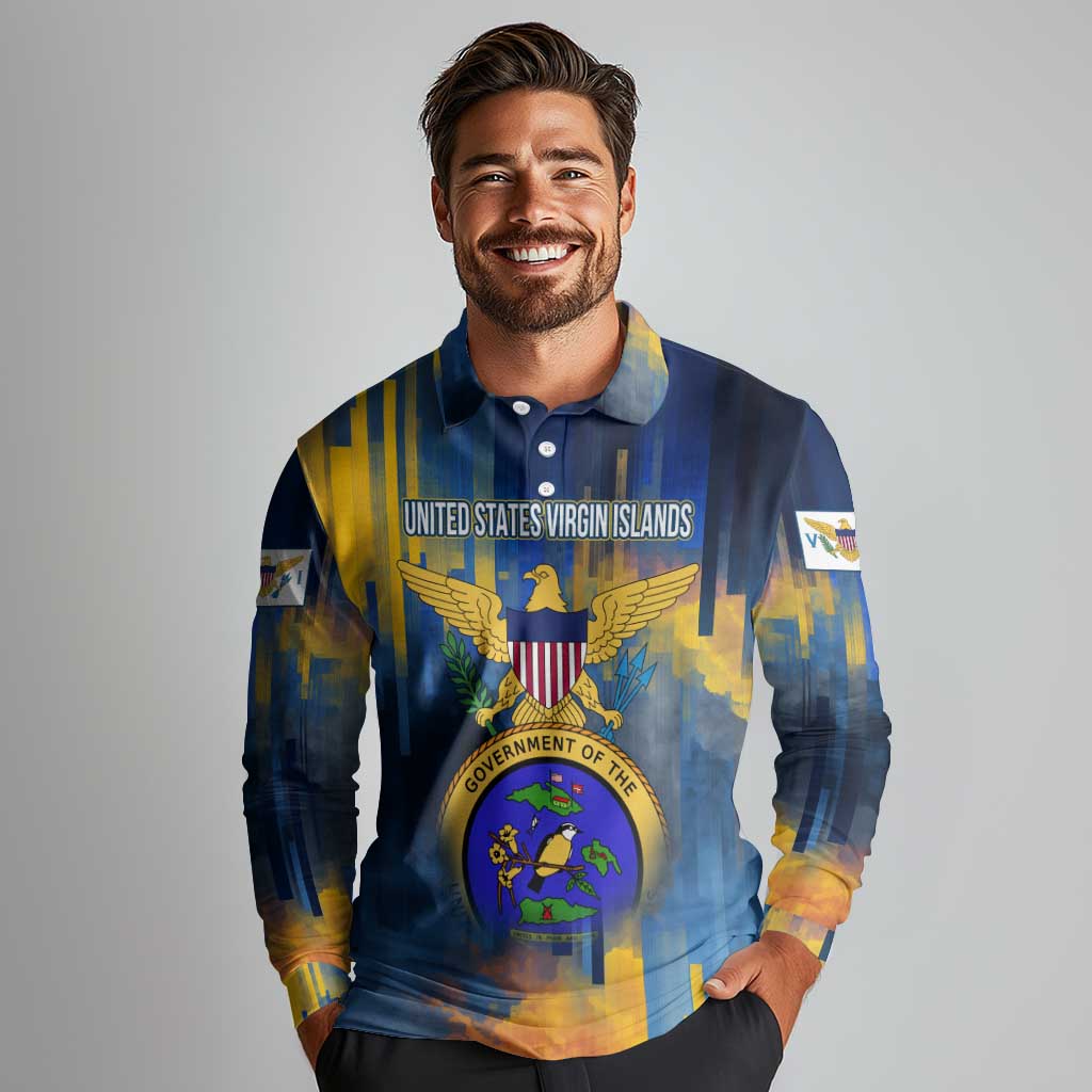 United States Virgin Islands Long Sleeve Polo Shirt with Blue Yellow Government Seal Design and Bald Eagle - Wonder Print Shop