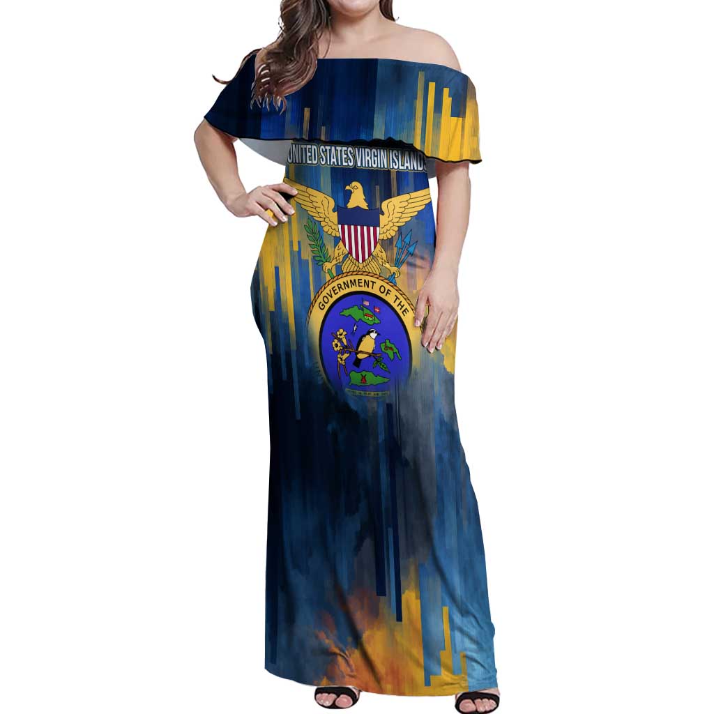 United States Virgin Islands Off Shoulder Maxi Dress with Blue Yellow Government Seal Design and Bald Eagle - Wonder Print Shop