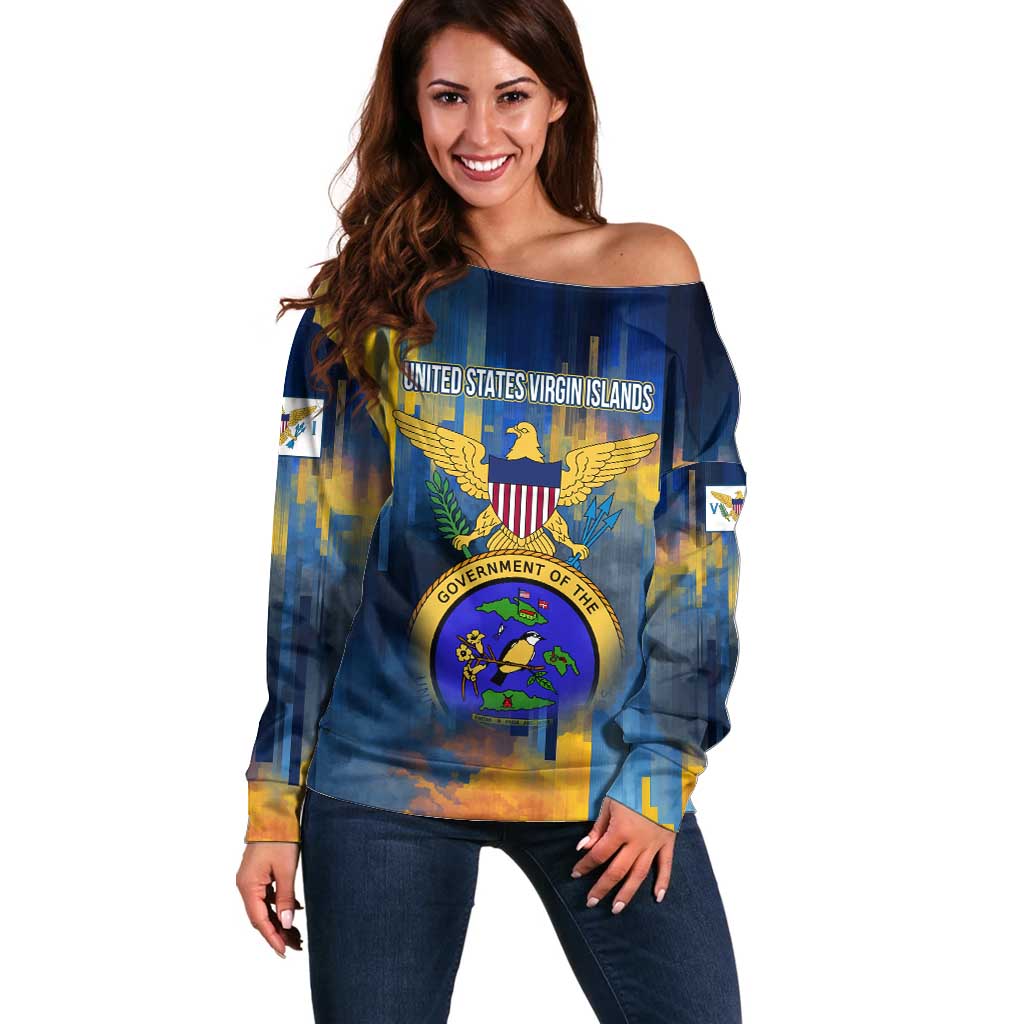 United States Virgin Islands Off Shoulder Sweater with Blue Yellow Government Seal Design and Bald Eagle - Wonder Print Shop