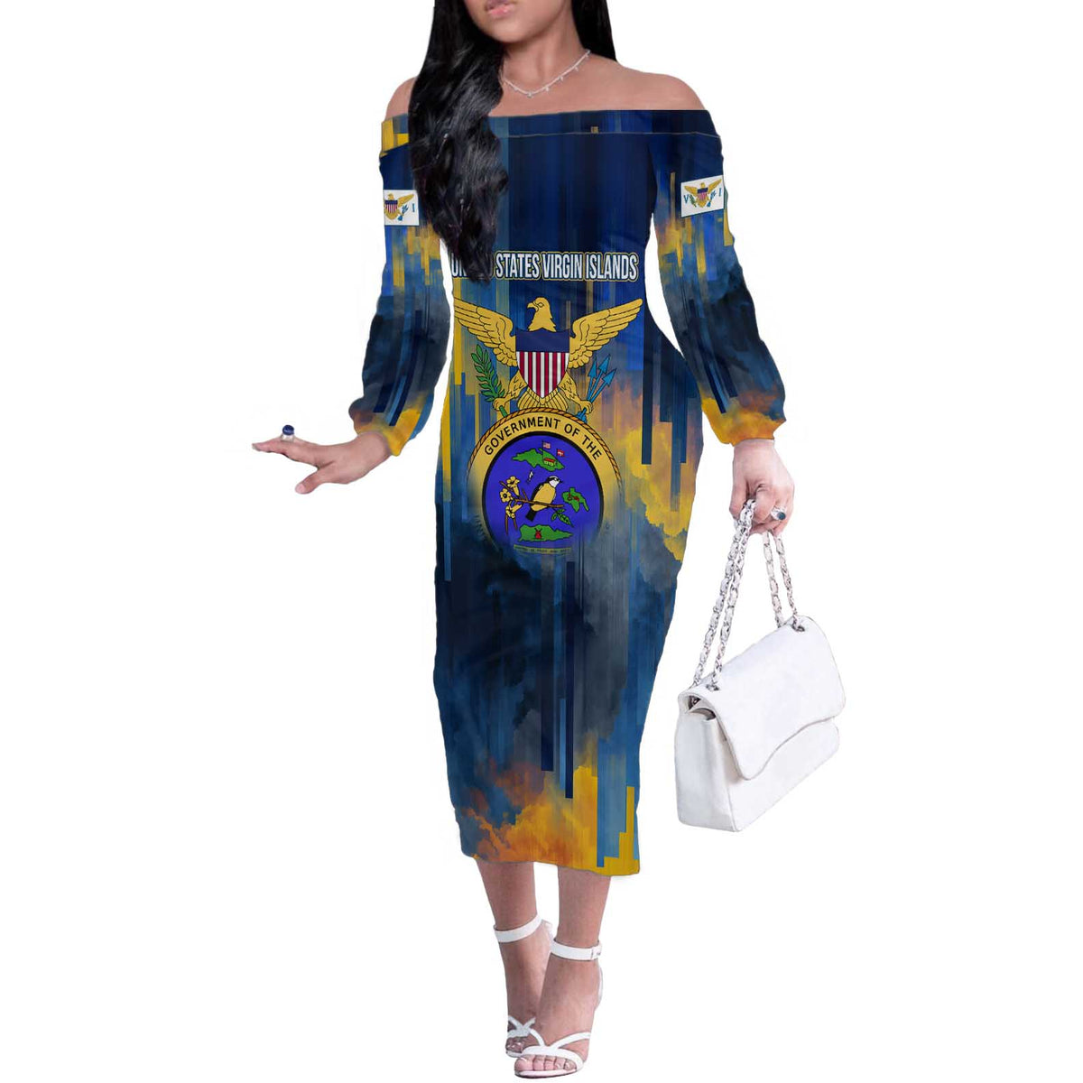 United States Virgin Islands Off The Shoulder Long Sleeve Dress with Blue Yellow Government Seal Design and Bald Eagle - Wonder Print Shop