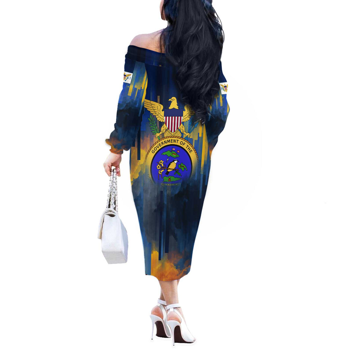 United States Virgin Islands Off The Shoulder Long Sleeve Dress with Blue Yellow Government Seal Design and Bald Eagle - Wonder Print Shop