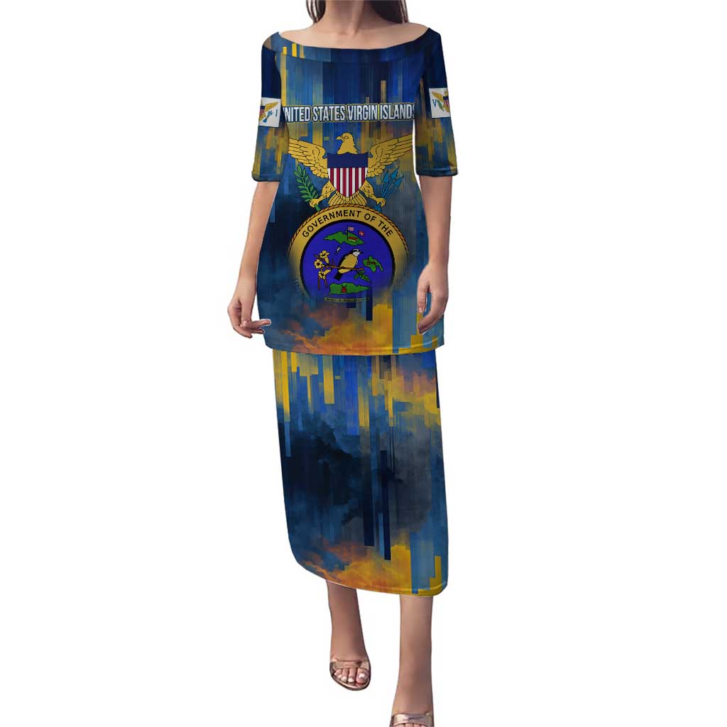 United States Virgin Islands Puletasi with Blue Yellow Government Seal Design and Bald Eagle - Wonder Print Shop