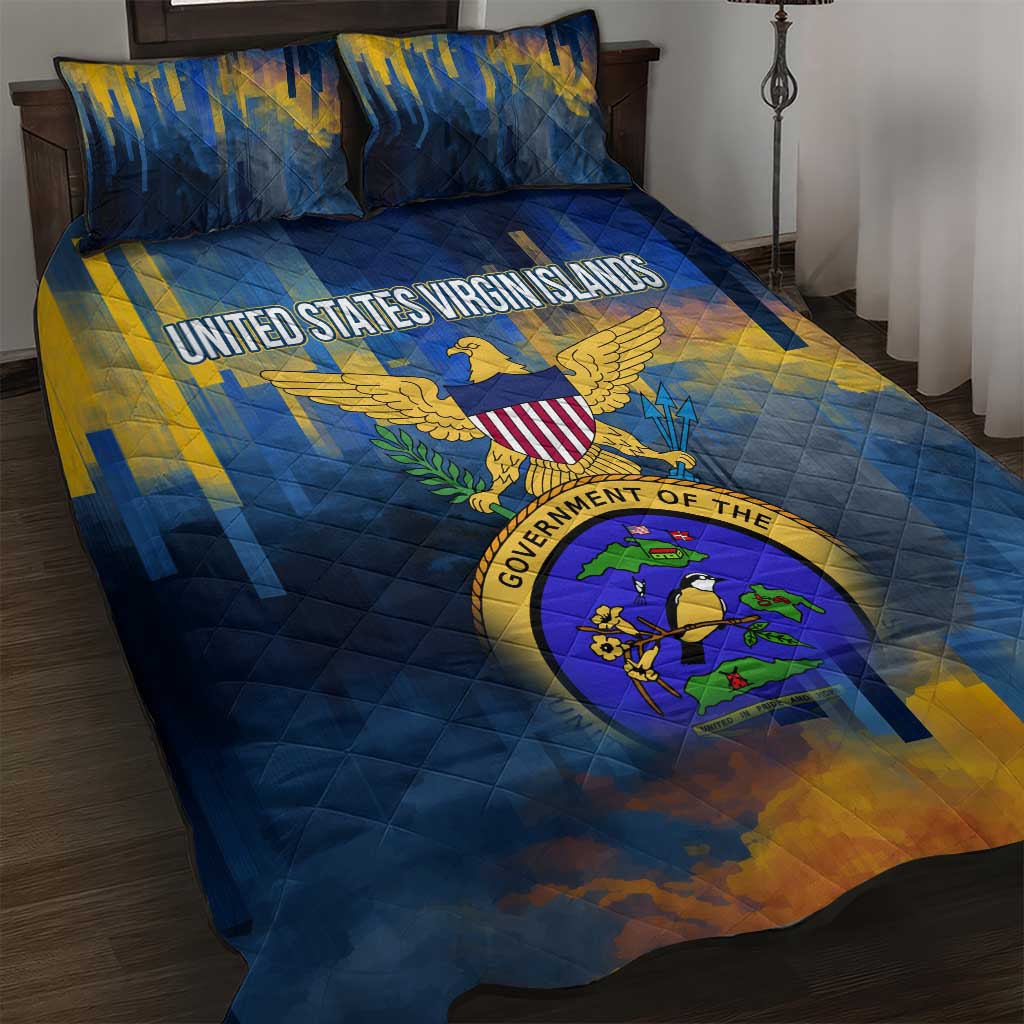 United States Virgin Islands Quilt Bed Set with Blue Yellow Government Seal Design and Bald Eagle - Wonder Print Shop