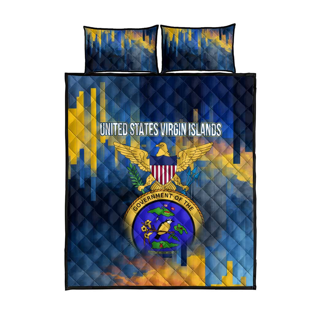 United States Virgin Islands Quilt Bed Set with Blue Yellow Government Seal Design and Bald Eagle - Wonder Print Shop