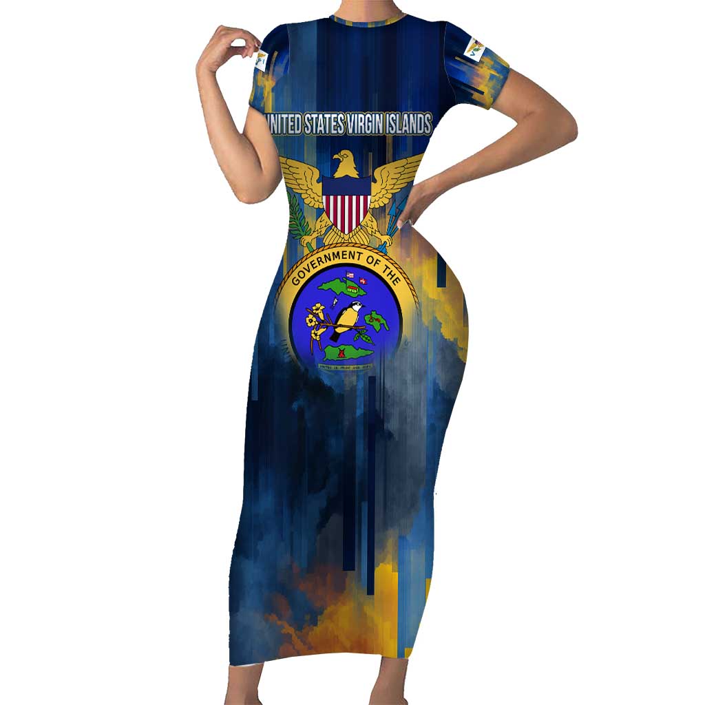 United States Virgin Islands Short Sleeve Bodycon Dress with Blue Yellow Government Seal Design and Bald Eagle - Wonder Print Shop