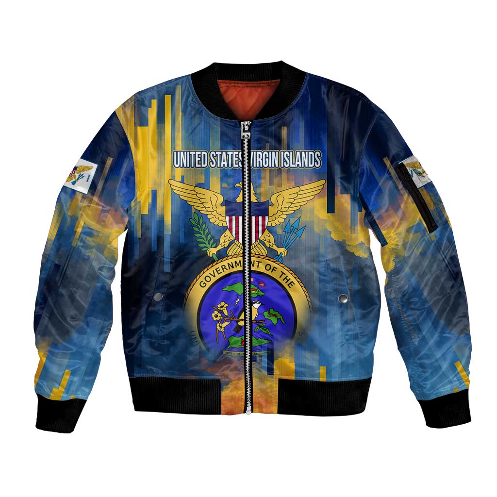 United States Virgin Islands Sleeve Zip Bomber Jacket with Blue Yellow Government Seal Design and Bald Eagle - Wonder Print Shop