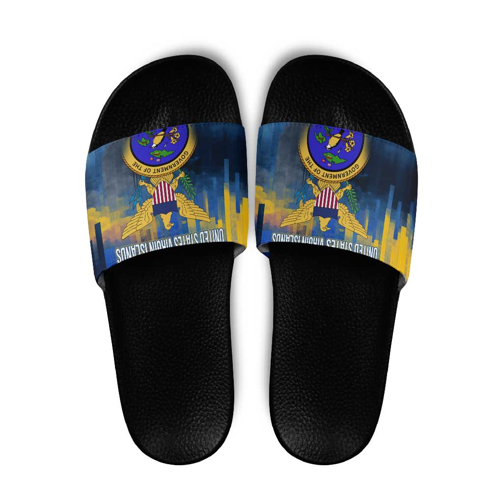 United States Virgin Islands Slide Sandals with Blue Yellow Government Seal Design and Bald Eagle - Wonder Print Shop