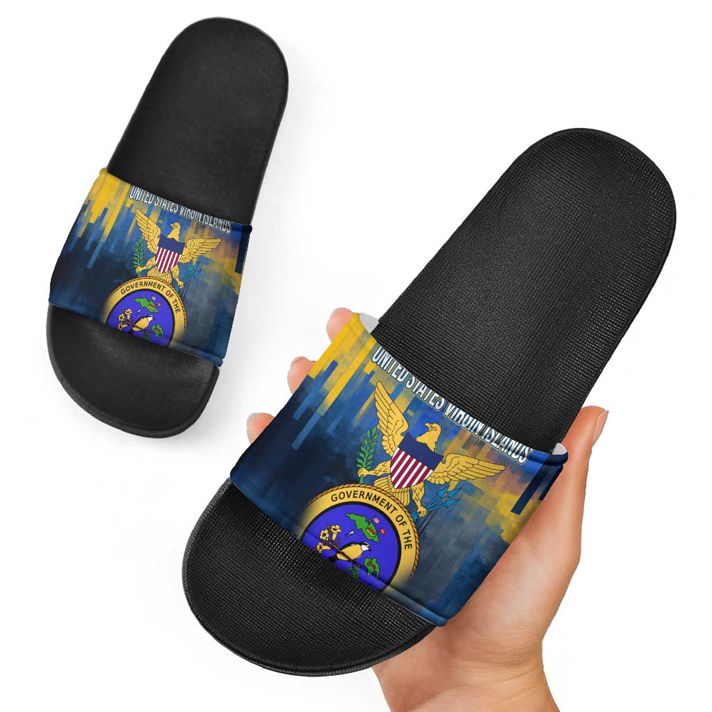 United States Virgin Islands Slide Sandals with Blue Yellow Government Seal Design and Bald Eagle - Wonder Print Shop