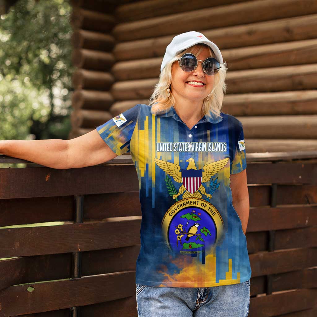 United States Virgin Islands Women Polo Shirt with Blue Yellow Government Seal Design and Bald Eagle - Wonder Print Shop