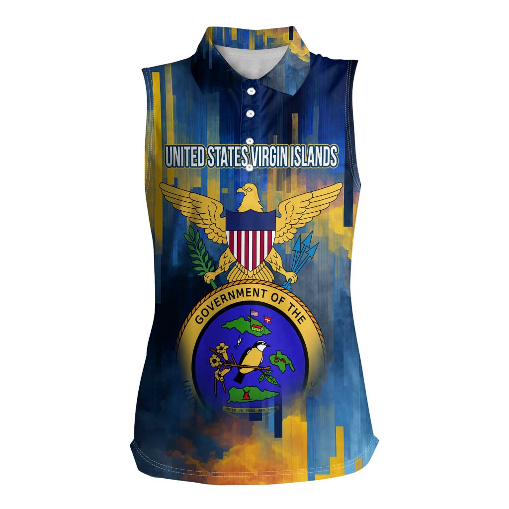 United States Virgin Islands Women Sleeveless Polo Shirt with Blue Yellow Government Seal Design and Bald Eagle - Wonder Print Shop