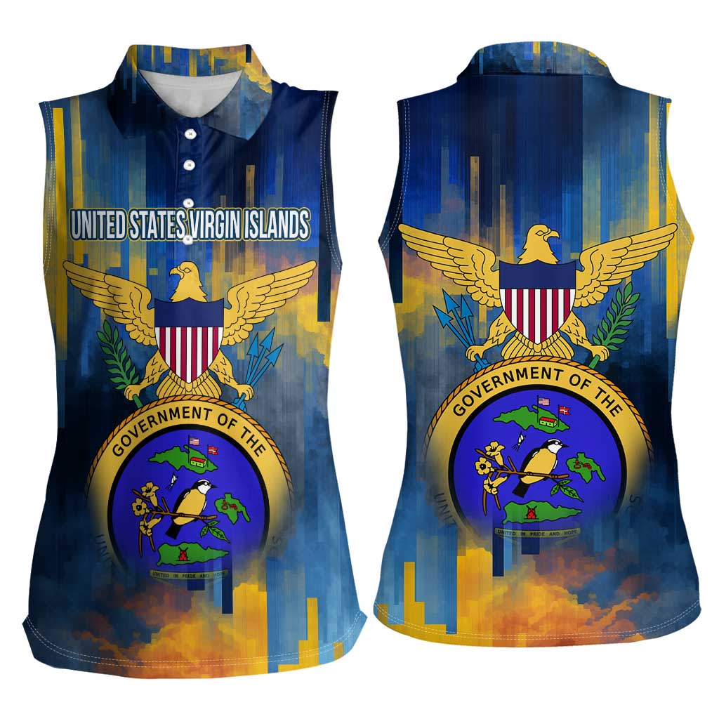 United States Virgin Islands Women Sleeveless Polo Shirt with Blue Yellow Government Seal Design and Bald Eagle - Wonder Print Shop