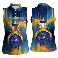 United States Virgin Islands Women Sleeveless Polo Shirt with Blue Yellow Government Seal Design and Bald Eagle - Wonder Print Shop