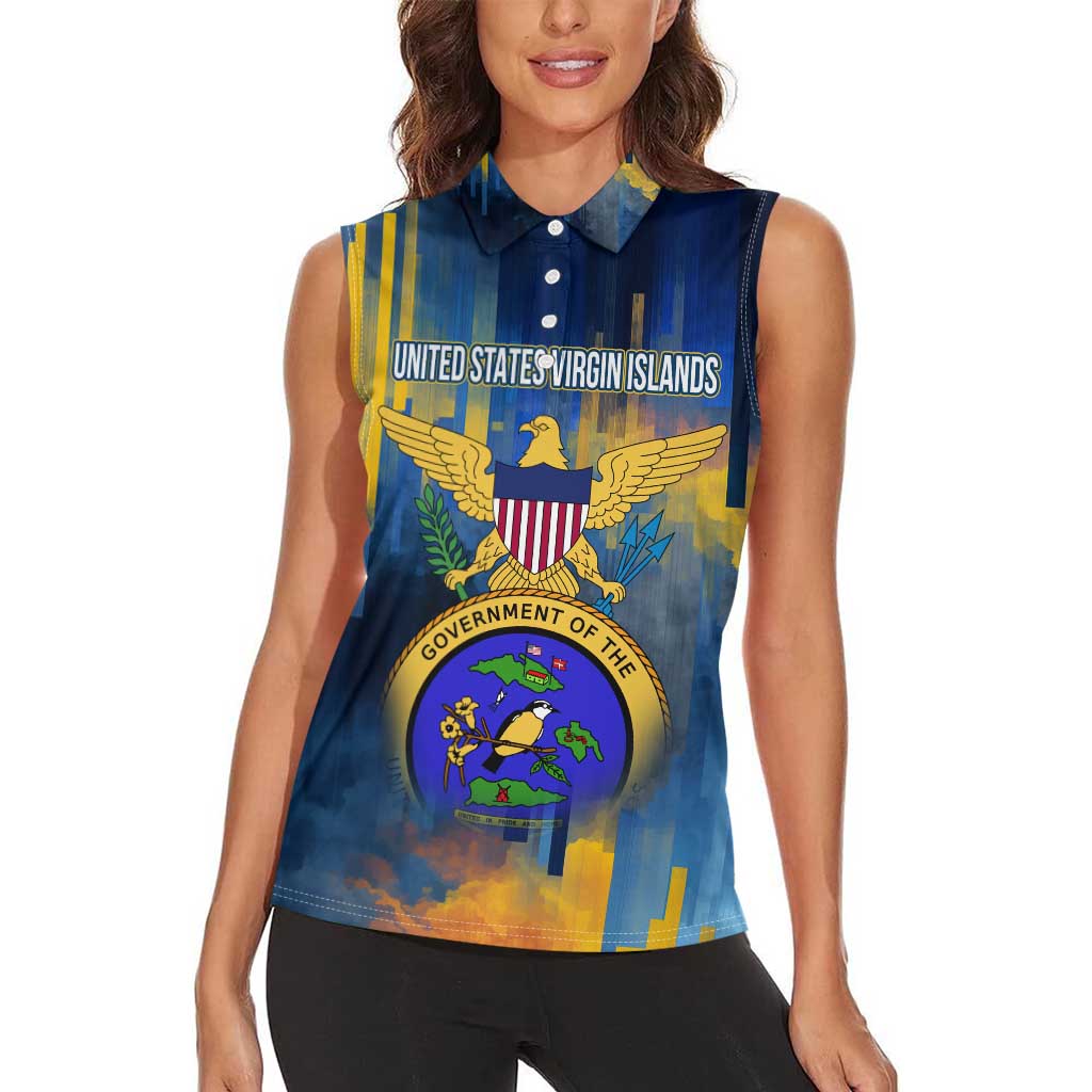 United States Virgin Islands Women Sleeveless Polo Shirt with Blue Yellow Government Seal Design and Bald Eagle - Wonder Print Shop