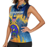 United States Virgin Islands Women Sleeveless Polo Shirt with Blue Yellow Government Seal Design and Bald Eagle - Wonder Print Shop
