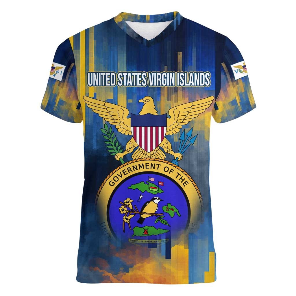 United States Virgin Islands Women V-Neck T-Shirt with Blue Yellow Government Seal Design and Bald Eagle - Wonder Print Shop