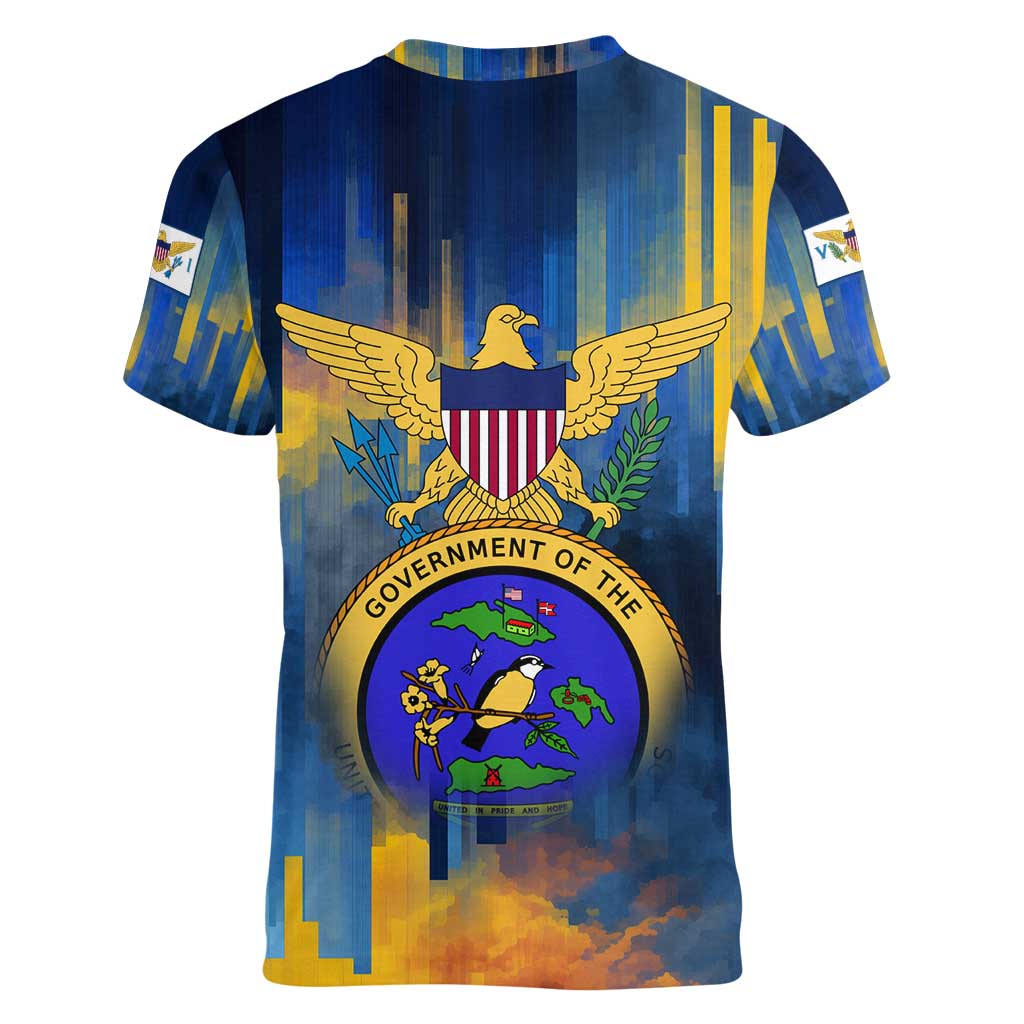 United States Virgin Islands Women V-Neck T-Shirt with Blue Yellow Government Seal Design and Bald Eagle - Wonder Print Shop