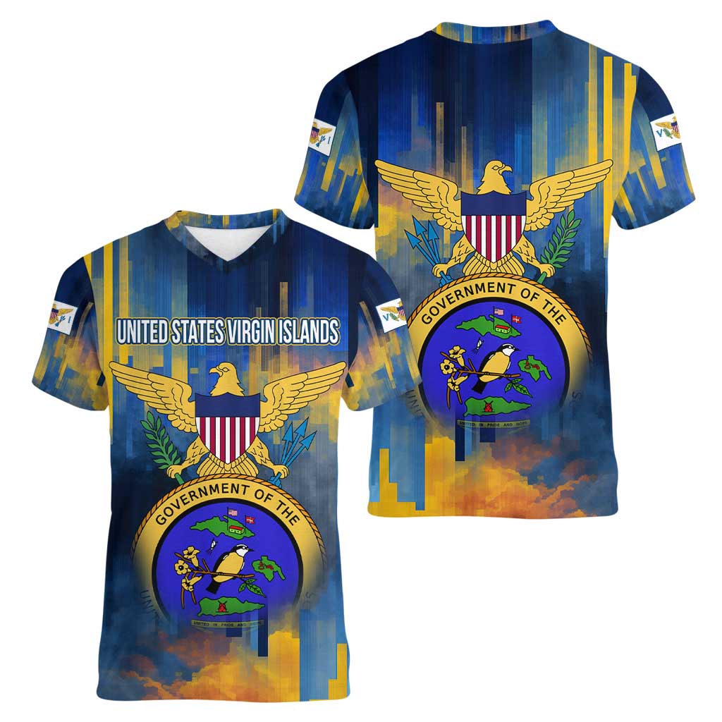 United States Virgin Islands Women V-Neck T-Shirt with Blue Yellow Government Seal Design and Bald Eagle - Wonder Print Shop