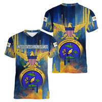 United States Virgin Islands Women V-Neck T-Shirt with Blue Yellow Government Seal Design and Bald Eagle - Wonder Print Shop