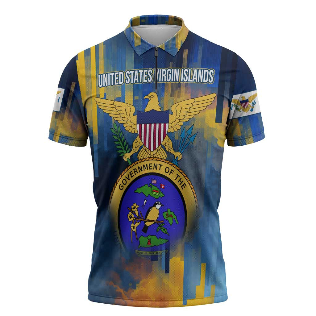 United States Virgin Islands Zipper Polo Shirt with Blue Yellow Government Seal Design and Bald Eagle - Wonder Print Shop