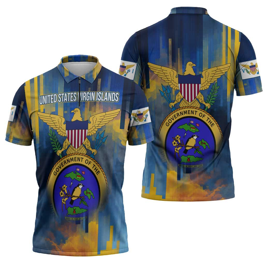 United States Virgin Islands Zipper Polo Shirt with Blue Yellow Government Seal Design and Bald Eagle - Wonder Print Shop