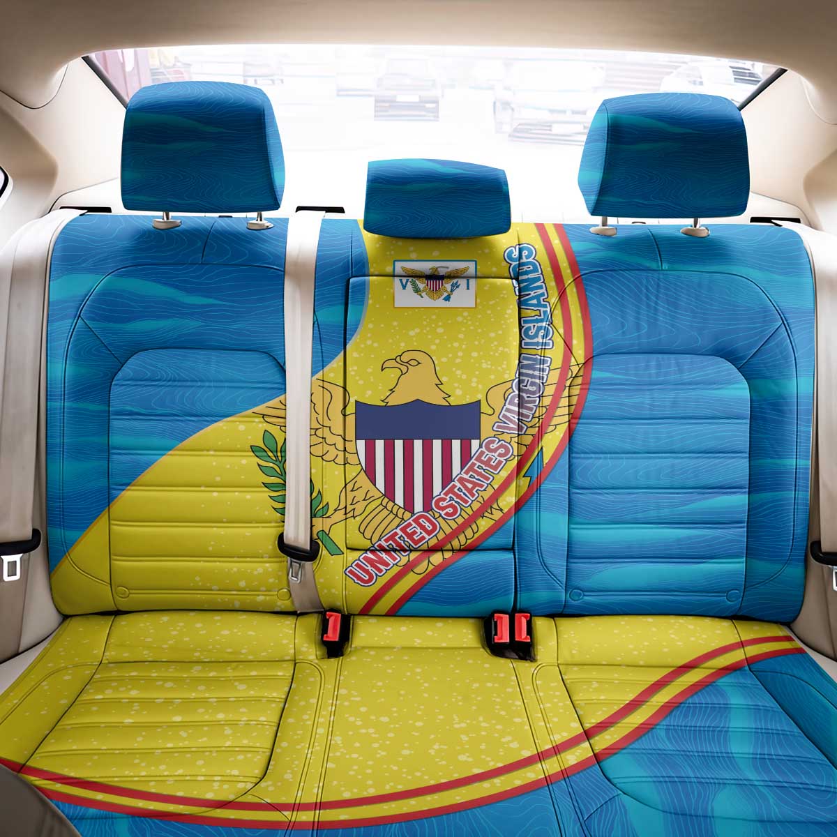 United States Virgin Islands Back Car Seat Cover with Blue Yellow Wave Design and Island Map Bird - Wonder Print Shop