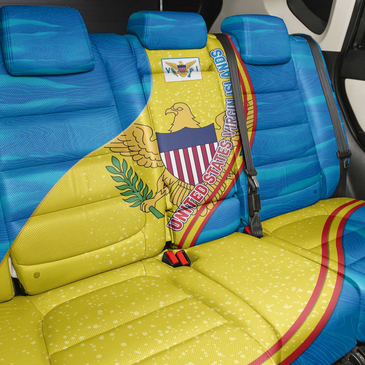 United States Virgin Islands Back Car Seat Cover with Blue Yellow Wave Design and Island Map Bird - Wonder Print Shop