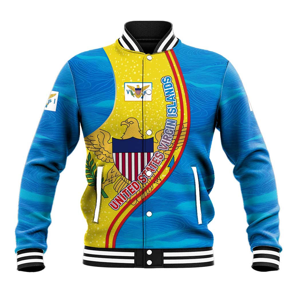 United States Virgin Islands Baseball Jacket with Blue Yellow Wave Design and Island Map Bird - Wonder Print Shop