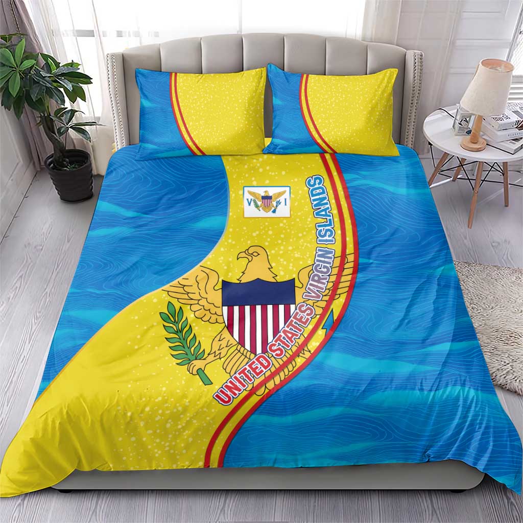 United States Virgin Islands Bedding Set with Blue Yellow Wave Design and Island Map Bird - Wonder Print Shop