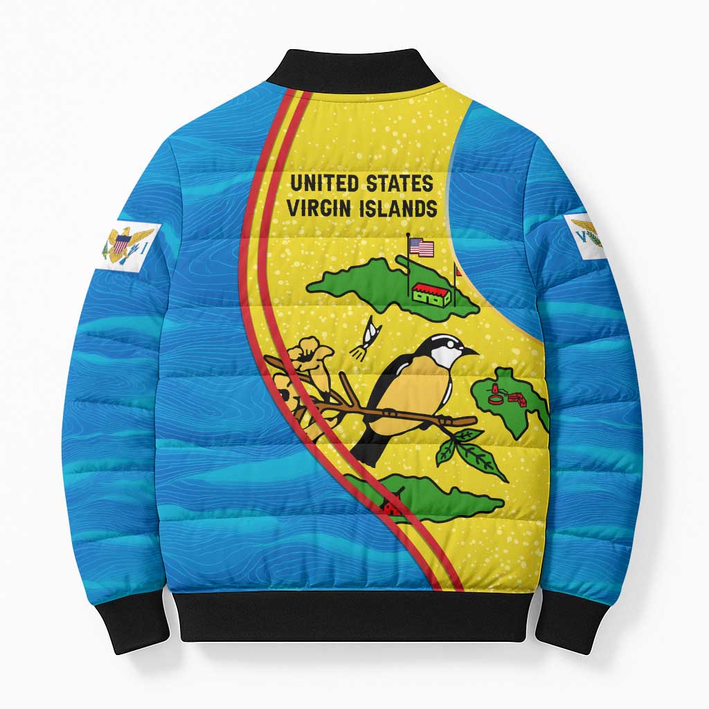 United States Virgin Islands Bomber Puffer Jacket with Blue Yellow Wave Design and Island Map Bird - Wonder Print Shop